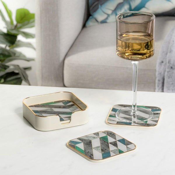 Savoy Gold Trim 4 Piece Square Coaster Set Geometric Marble