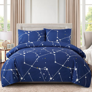Soft Silky Rich Printed Rayon from Bamboo All Season, Pieces Duvet Cover Fitted Sheet Ensemble Bedding Set, Navy Blue Asterism Pattern