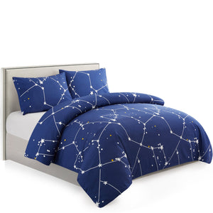 Soft Silky Rich Printed Rayon from Bamboo All Season, Pieces Duvet Cover Fitted Sheet Ensemble Bedding Set, Navy Blue Asterism Pattern