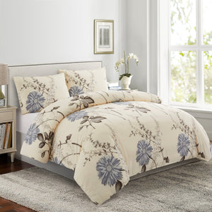 Soft Silky Printed Rayon from Bamboo All Season ,Duvet Cover Fitted Sheet Ensemble Bedding Set, Blue Chrysanthemum Floral Pattern