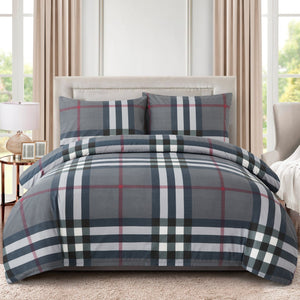Soft Silky Rich Printed Rayon from Bamboo All Season, Duvet Cover Fitted Sheet Ensemble Bedding Set with Zipper and Corner Tie, Modern Grey Tartan Pattern