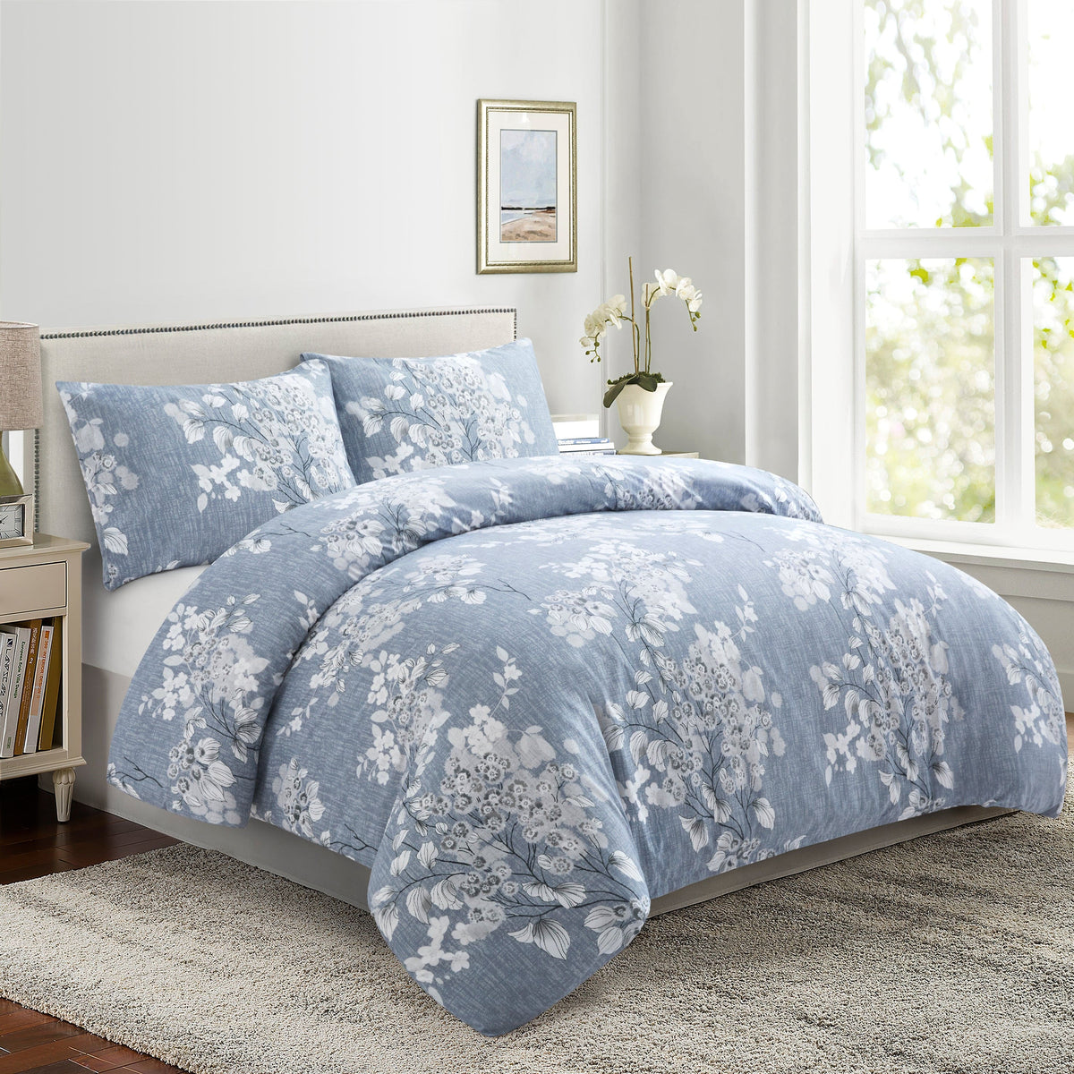 Soft Silky Printed Rayon from Bamboo All Season Duvet Cover Fitted Sheet Ensemble Bedding Set, Romantic Inkwash Floral Pattern