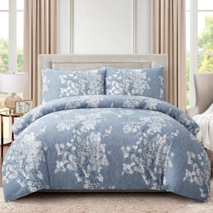 Soft Silky Printed Rayon from Bamboo All Season Duvet Cover Fitted Sheet Ensemble Bedding Set, Romantic Inkwash Floral Pattern