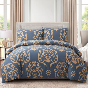 Soft Silky Printed Rayon from Bamboo All Season,Duvet Cover Fitted Sheet Ensemble Bedding Set with Zipper and Corner Tie, Gold Damask Navy Blue Pattern