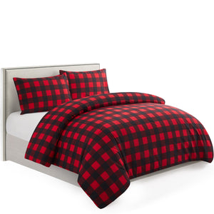 Soft Silky Rich Printed Rayon from Bamboo All Season 3 Pieces Duvet Cover Fitted Sheet Ensemble Bedding Set with Zipper and Corner Tie, Red Black Plaid Pattern
