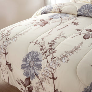 Marina Fluffy Goose Down Printed Comforter Set, Blue Chrysanthemum Floral Cream Base Pattern