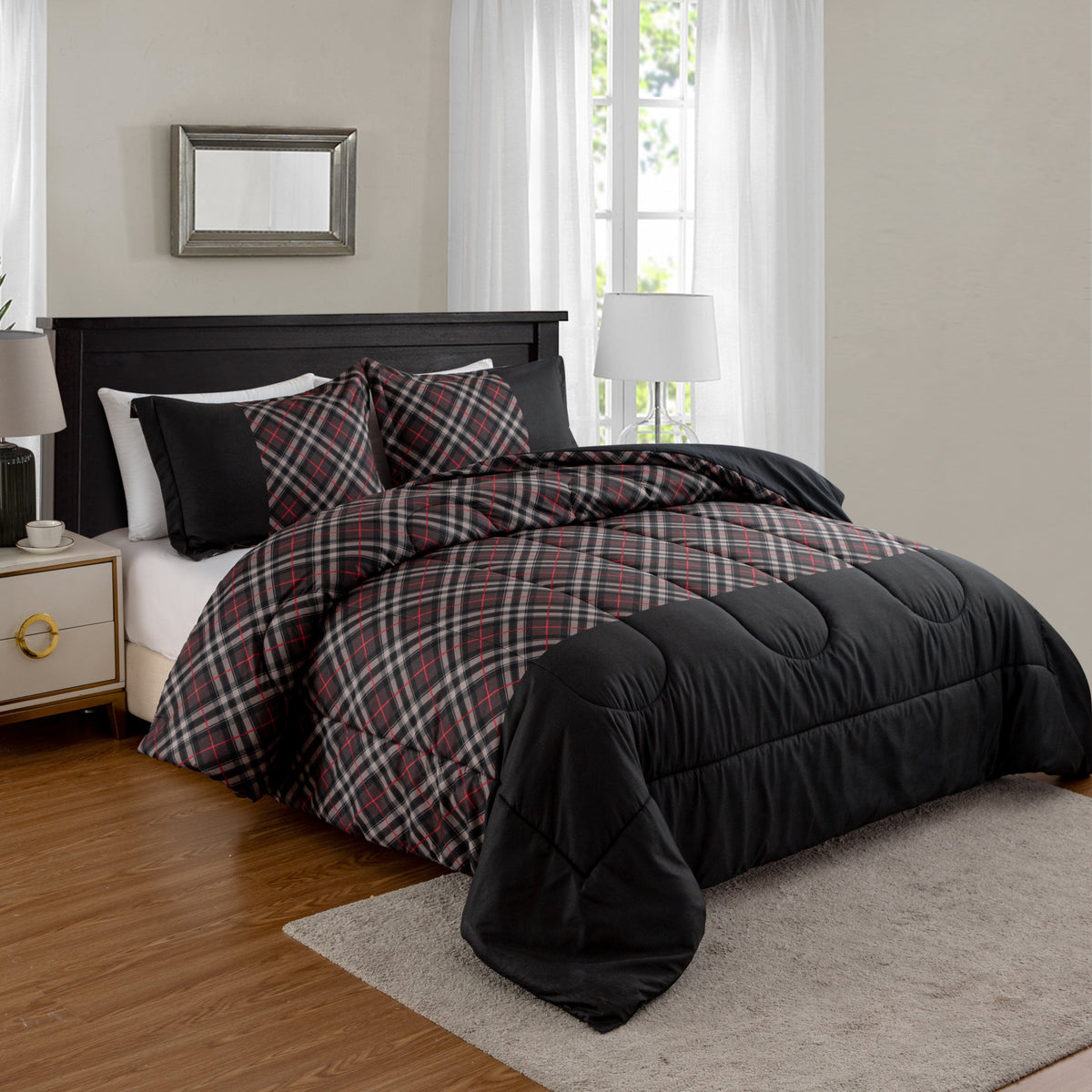Marina Fluffy Goose Down Printed Comforter Set, Modern Black Grey Geometric Plaid Pattern