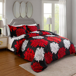 Marina Fluffy Goose Down Printed Comforter Set, Modern Red White Floral Black Base Pattern