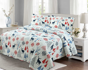 Rich Printed Embossed Pinsonic Coverlet Bedspread Ultra Soft 2 Piece Summer Christmas Quilt Set, Xmas Reindeer and Tree Pattern