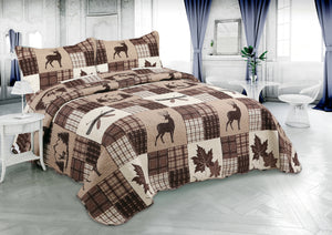 Rich Printed Embossed Pinsonic Coverlet Bedspread Ultra Soft 2 Piece Summer Quilt Set with 1 Quilted Sham, Brown Cabin Maple Deer Plaid Pattern