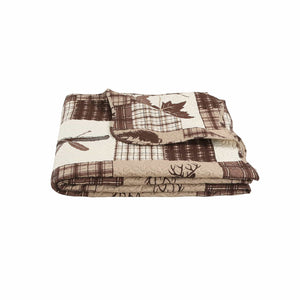 Rich Printed Embossed Pinsonic Coverlet Bedspread Ultra Soft 2 Piece Summer Quilt Set with 1 Quilted Sham, Brown Cabin Maple Deer Plaid Pattern