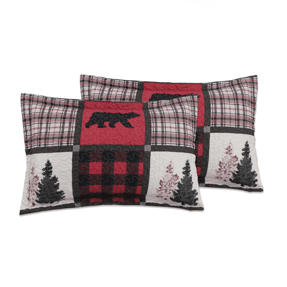 OPEN BOX - Cottage Bear Reindeer Plaid Pattern Stitching 3 Piece Summer Quilt Set with 2 Quilted Sham