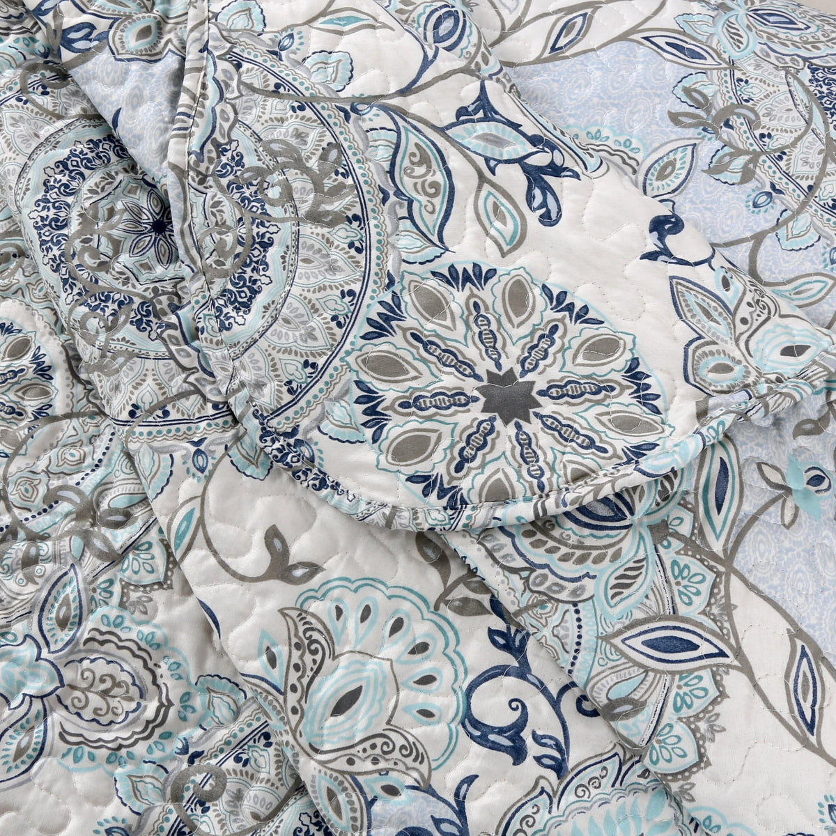 Rich Printed Stitching Coverlet Bedspread Ultra Soft, Summer Quilt Set, Blue Branch Damask Mandala Floral Pattern
