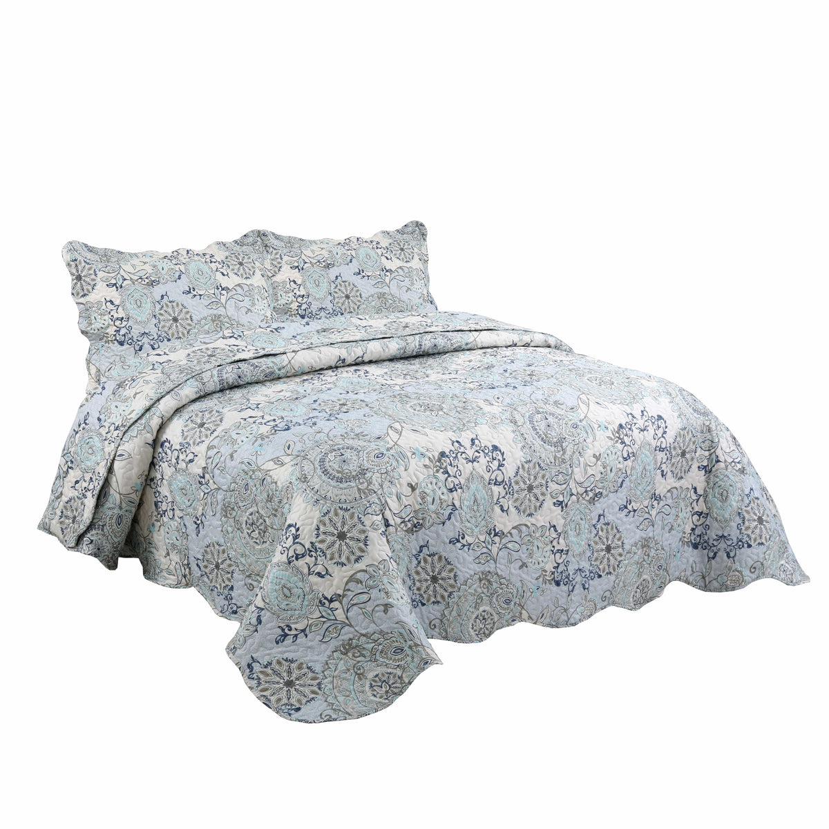 Rich Printed Stitching Coverlet Bedspread Ultra Soft, Summer Quilt Set, Blue Branch Damask Mandala Floral Pattern