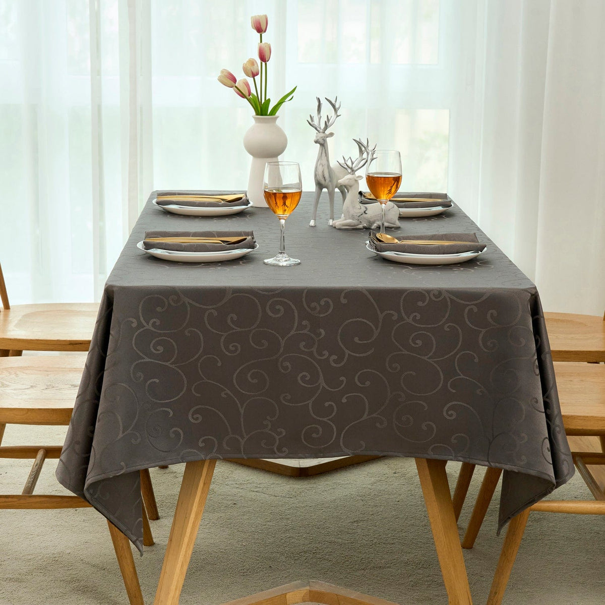 Marina Jacquard Waterproof Thick Premium Solid Damask Kitchen Tablecloth Liquid Repellent and Stain Resistant, Oblong