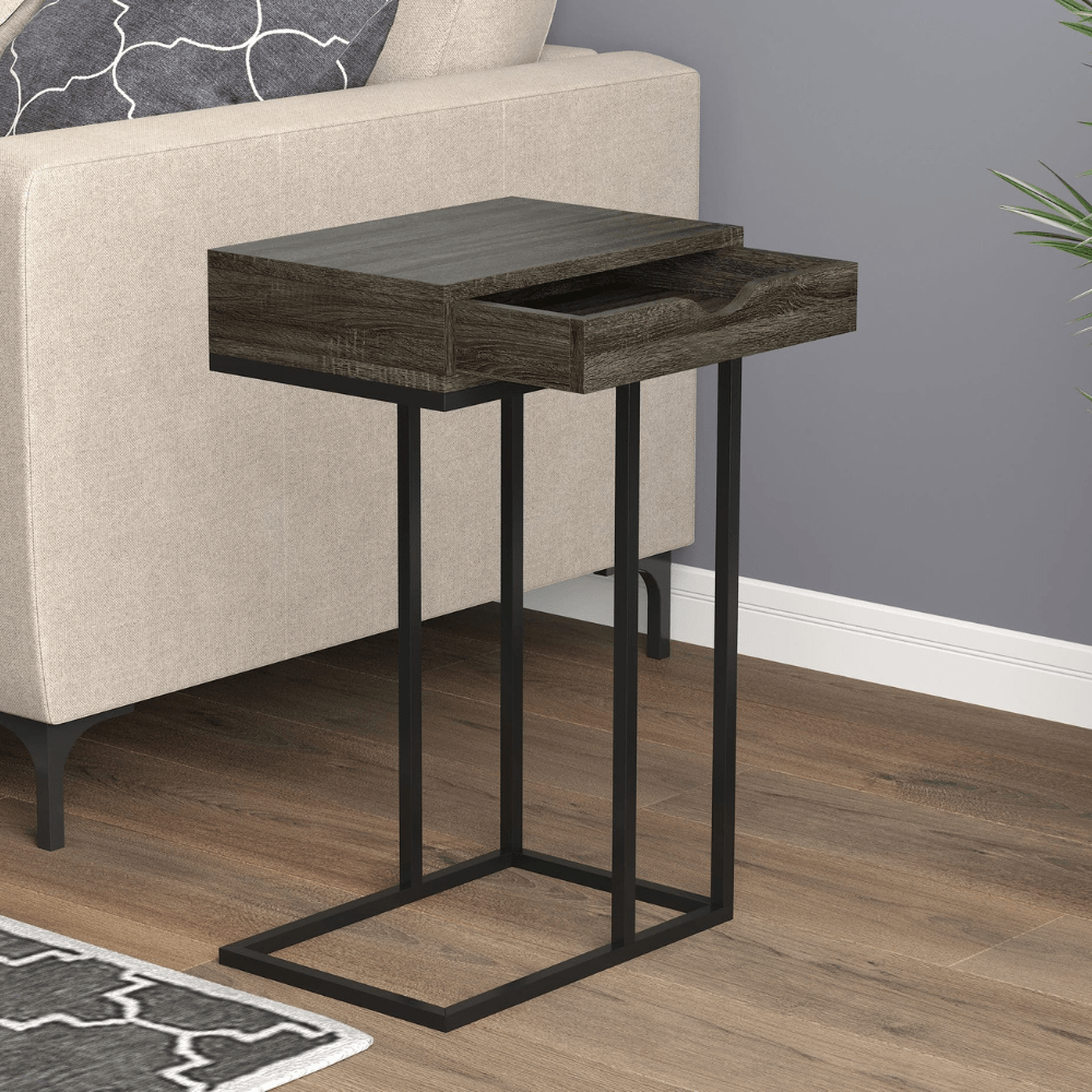 C-Shaped Dark Taupe and Black Metal Accent Table with 1 Drawer