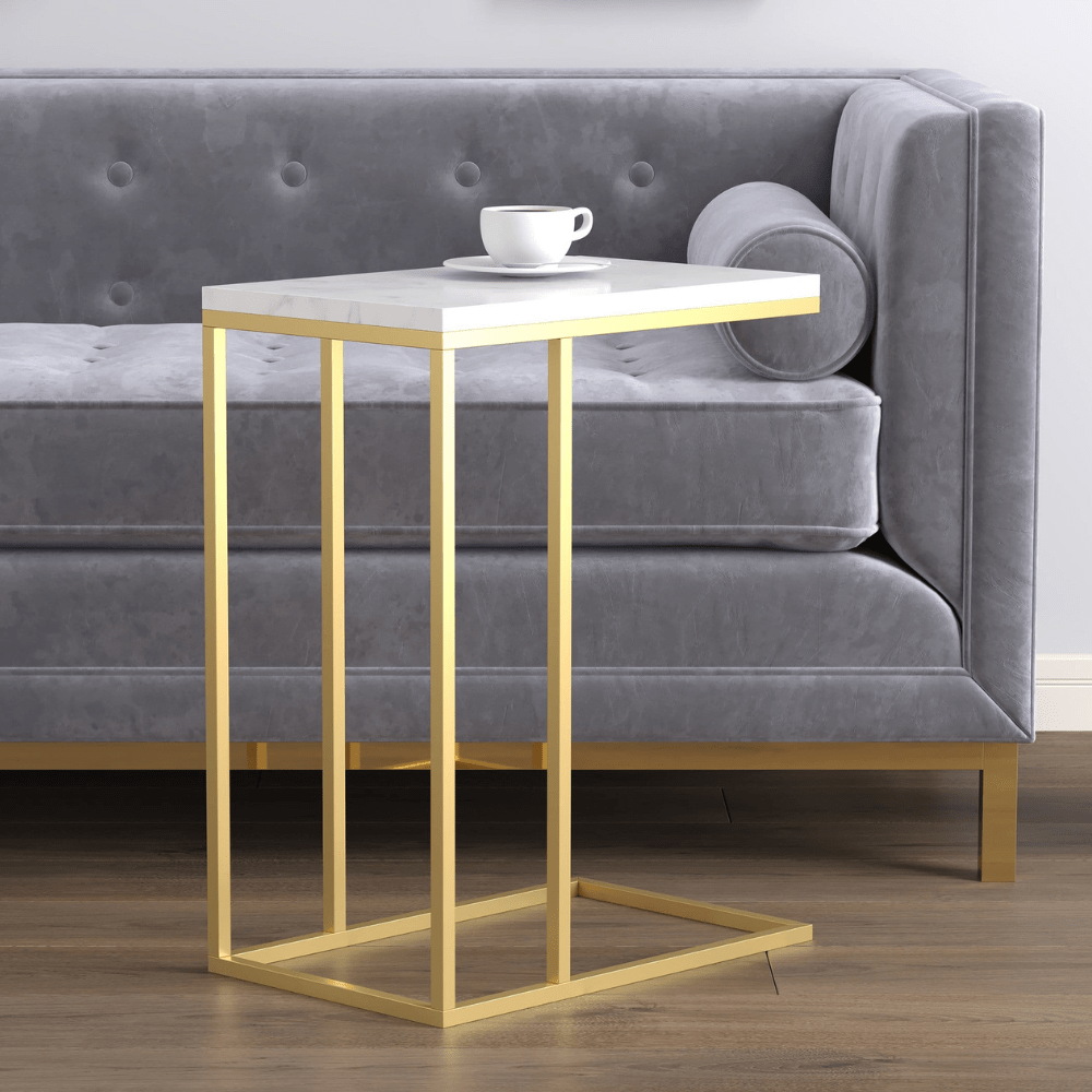 C-Shaped White Gold and Metal Accent Table