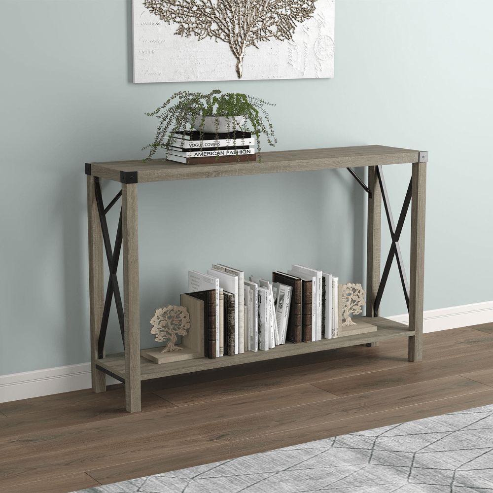 Dark Taupe Console Table with 1 Shelf and Metal Sides