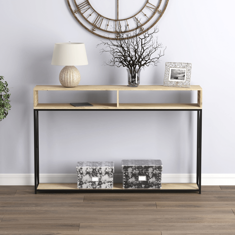 Dark Taupe and Black Metal Console Table with 2 Open Shelves