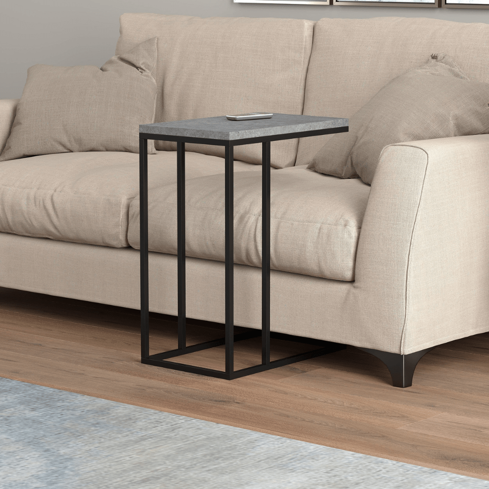 C-Shaped Glass and Black Metal Accent Table