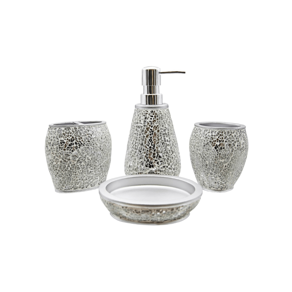 Casper Mosaic Glass Silver Style Ensemble Including Bathroom Liquid Soap Pump Lotion Dispenser, bath accessory