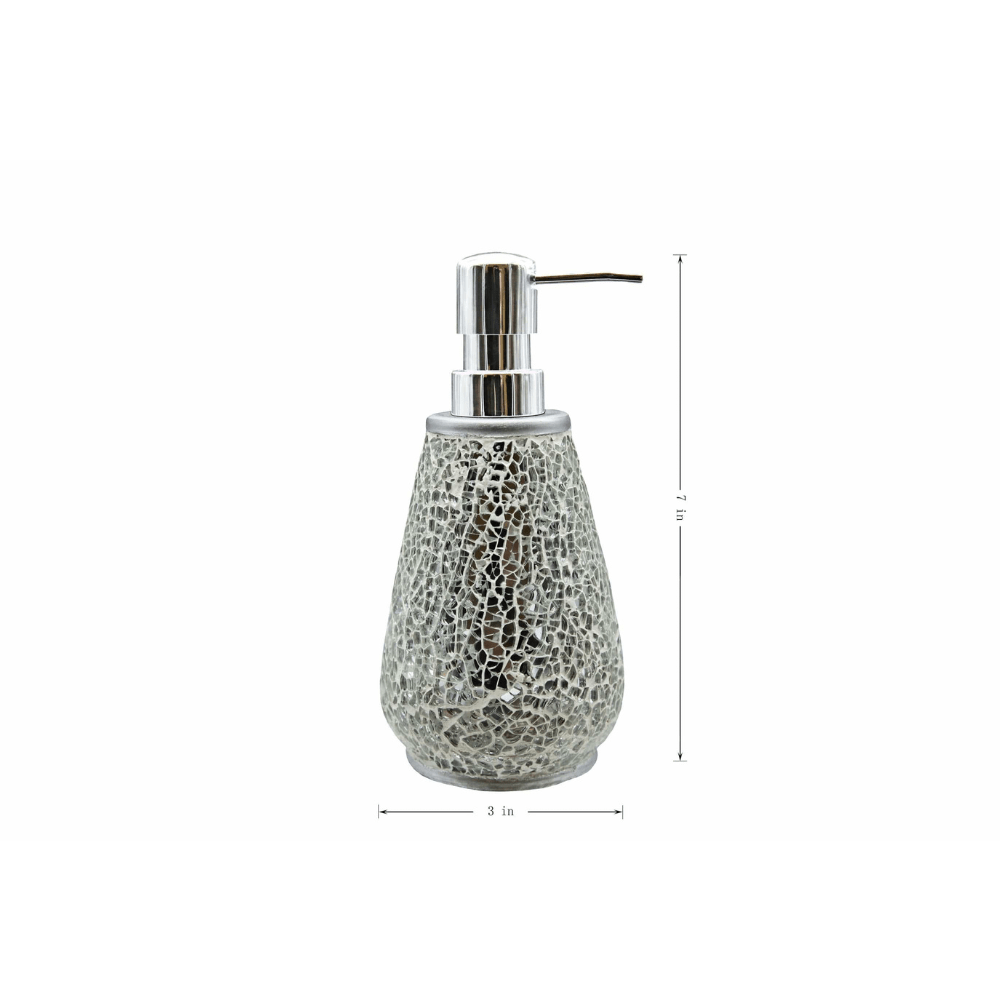 Casper Mosaic Glass Silver Style Ensemble Including Bathroom Liquid Soap Pump Lotion Dispenser, bath accessory
