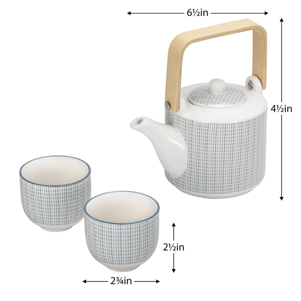 Kiri 3 Piece Porcelain Teapot Set - Grey With Blue Trim