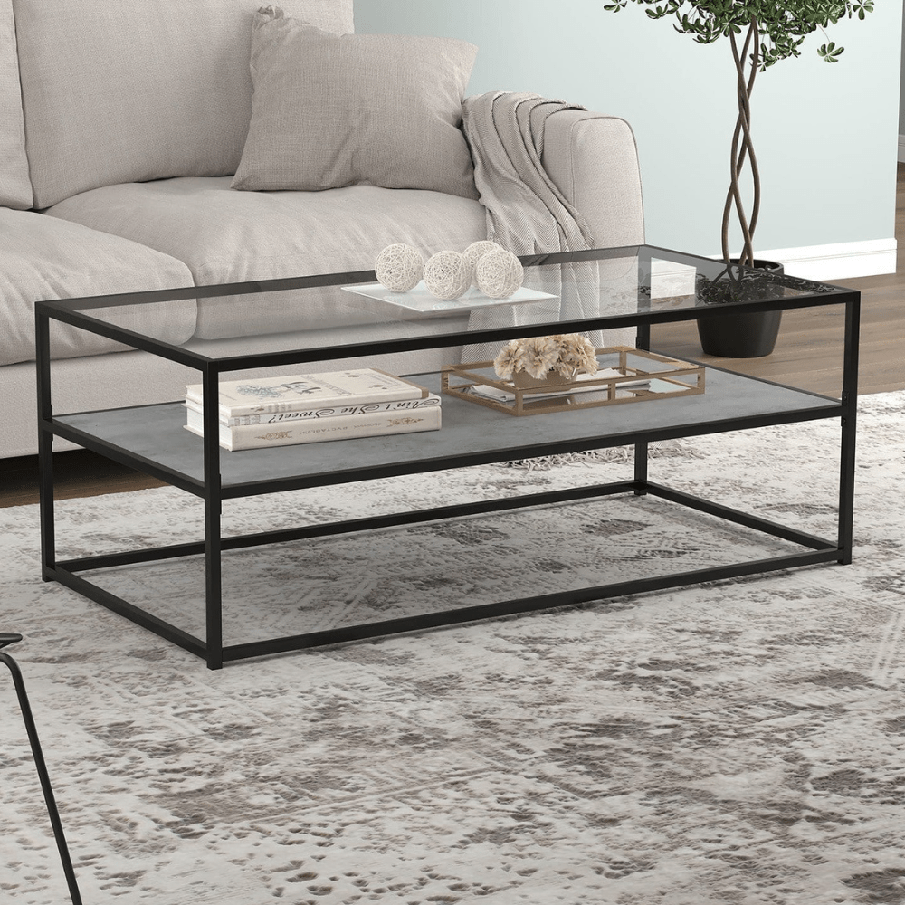 Dark Cement Coffee Table with Glass Top and 1 Shelf