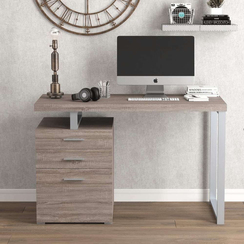 Dark Taupe and Silver Metal Computer Desk with 3 Drawers