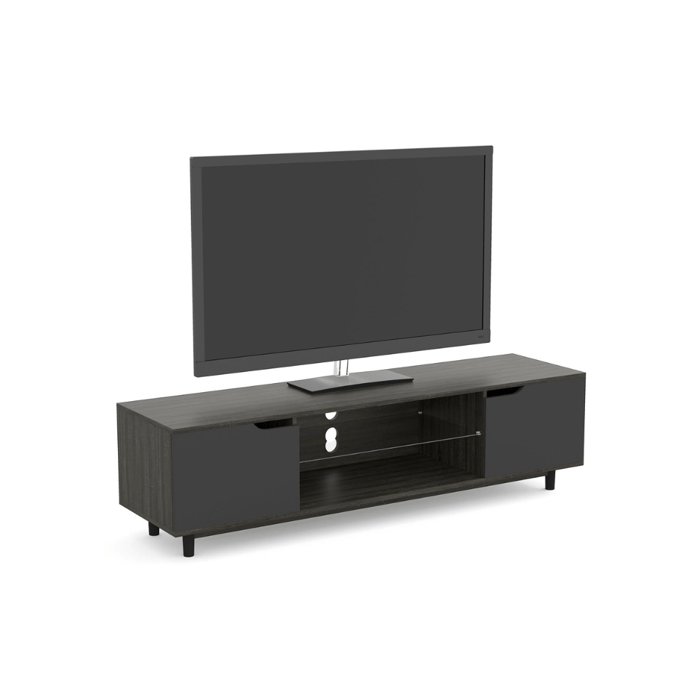 Dark Grey Wood TV Stand with 2 Shelves and 2 Black Doors