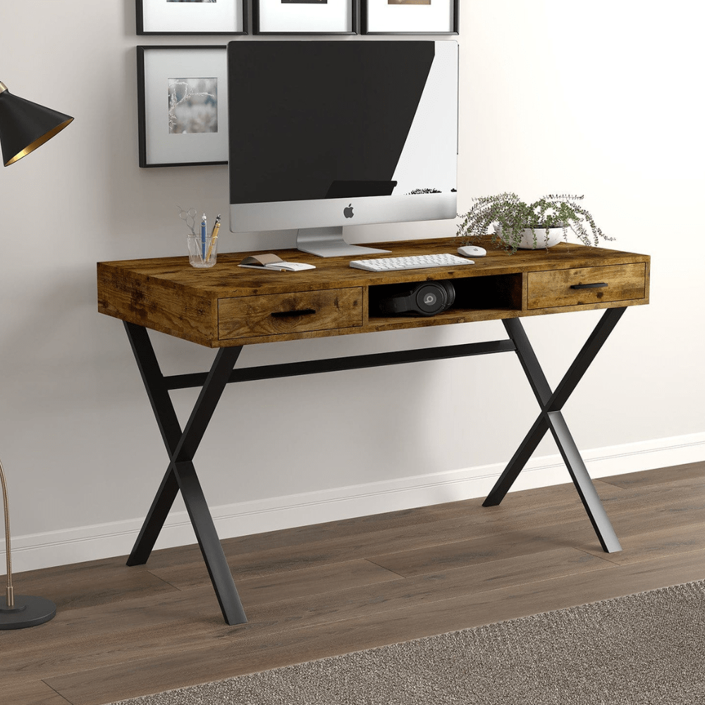 Dark Taupe and Black Metal Computer Desk with 2 Drawers and 1 Shelf