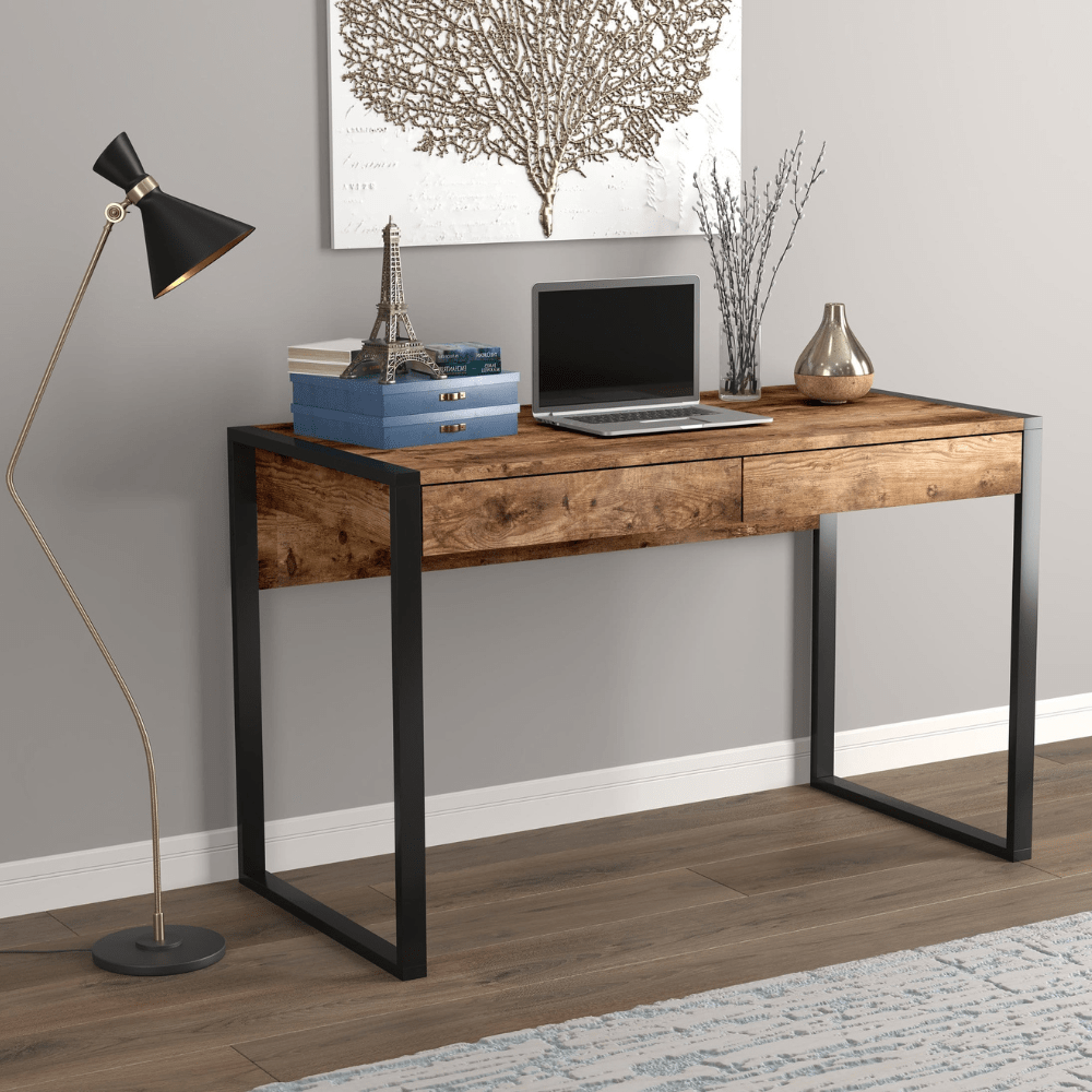 Dark Taupe and Black Metal Computer Desk with 2 Drawers