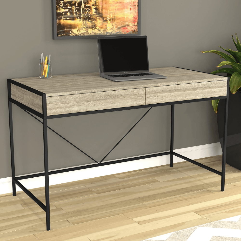 Dark Taupe and Black Metal Computer Desk with 2 drawers