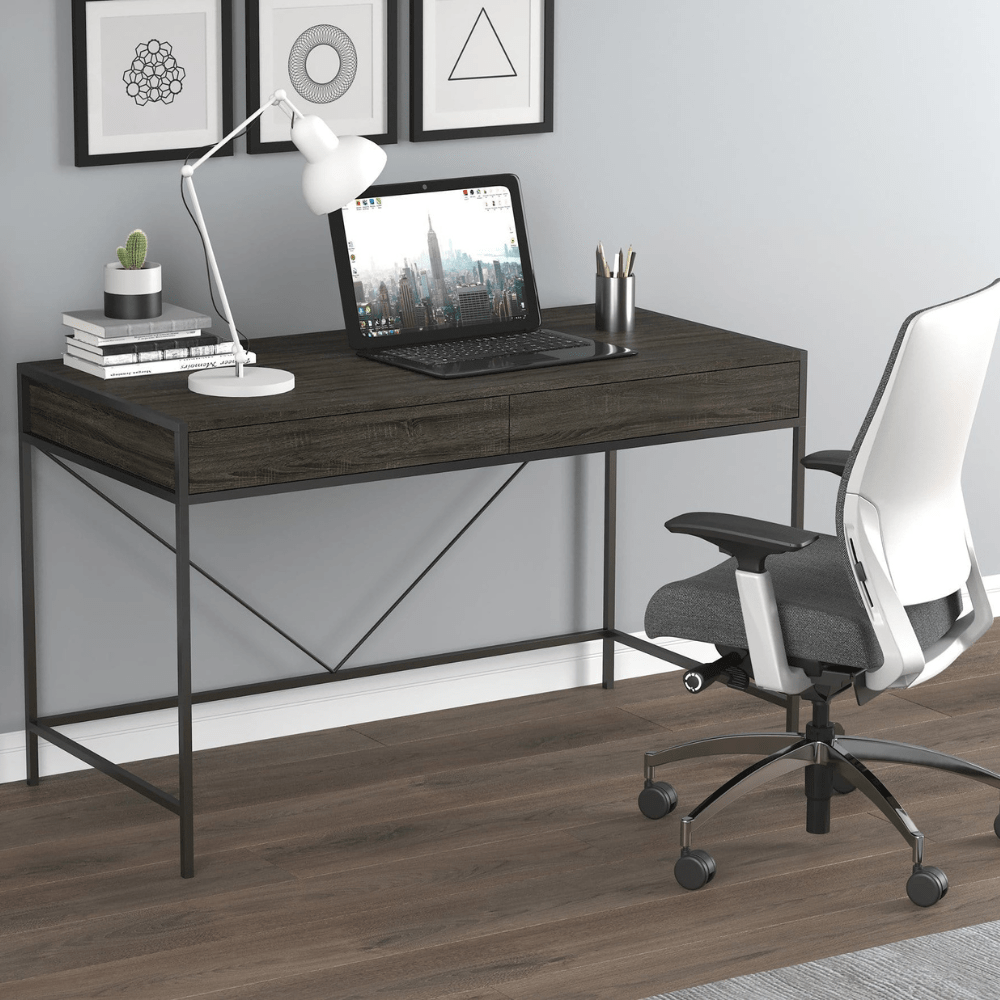 Dark Taupe and Black Metal Computer Desk with 2 drawers