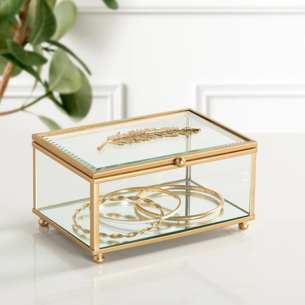 Golden Feather Trim Rectangle Bevel Glass Jewelry Storage Box