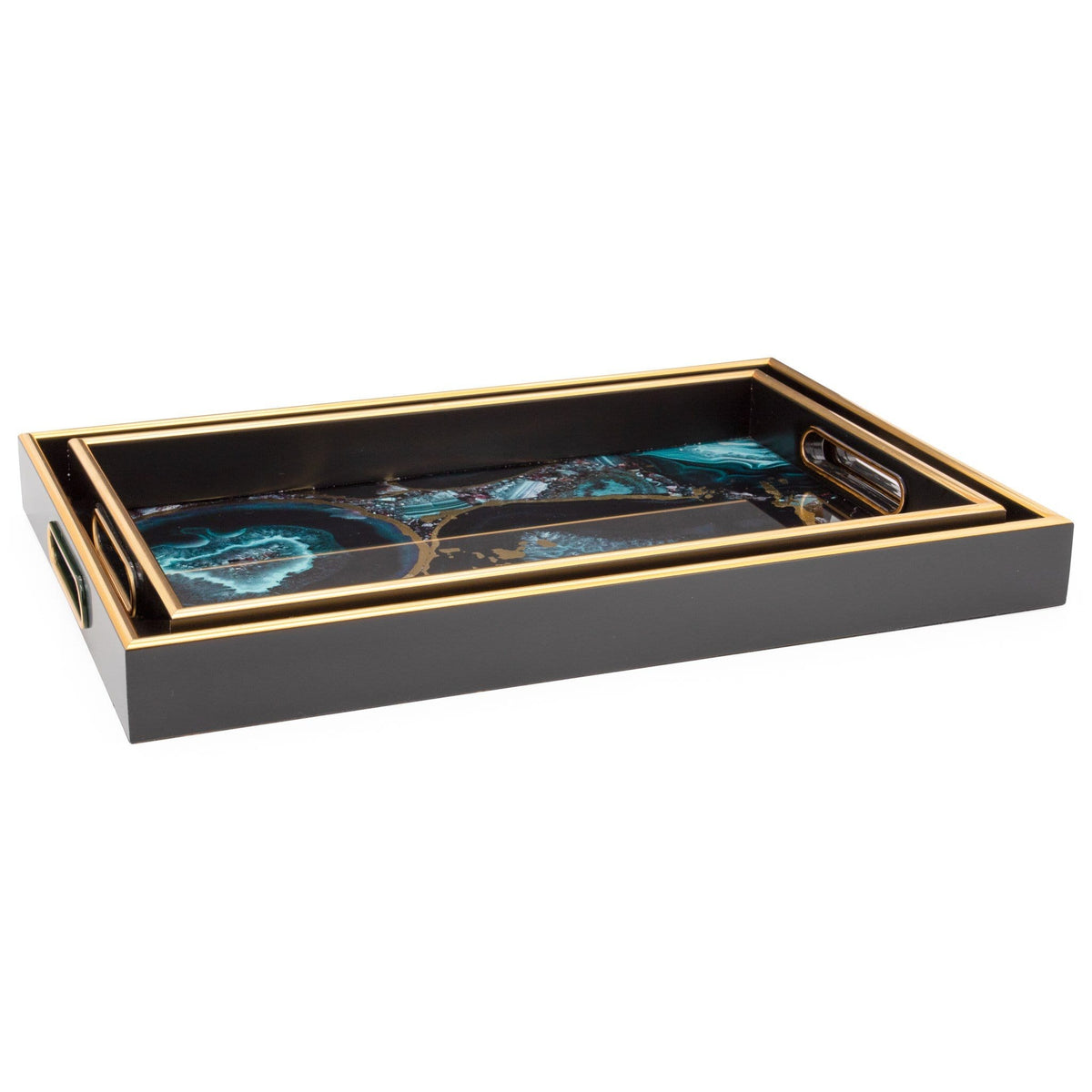 Savoy Gold Trim 2 Piece Rectangle Tray Set - Agate