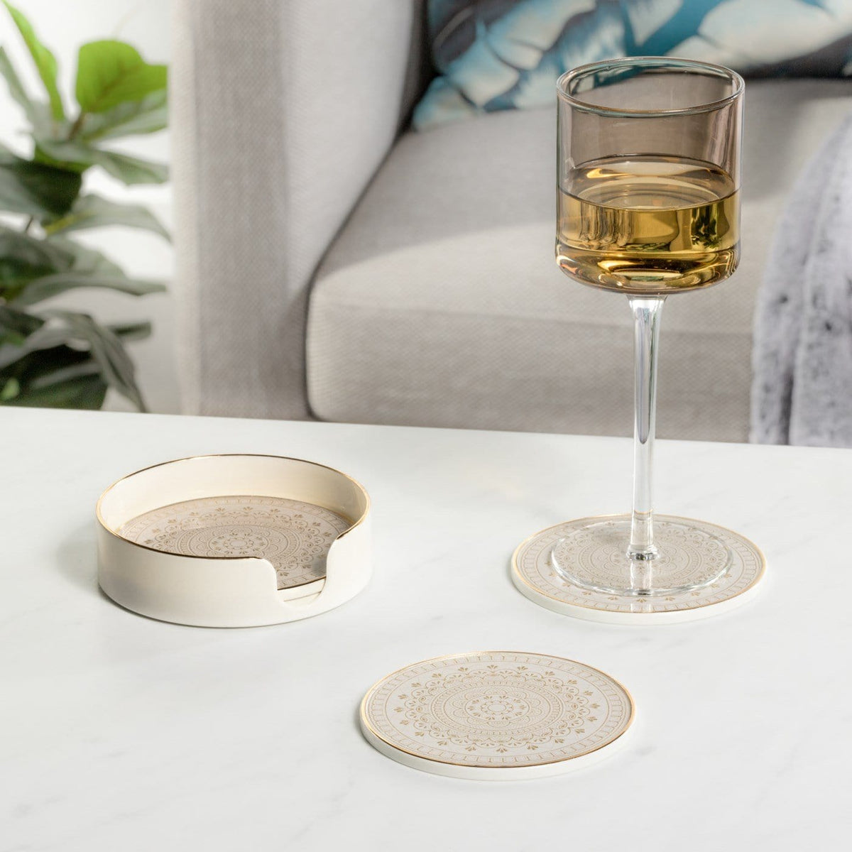 Savoy Gold Trim 4 Piece Round Coaster Set - Florence