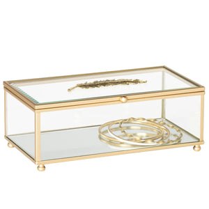 Golden Feather Trim Rectangle Bevel Glass Jewelry Storage Box