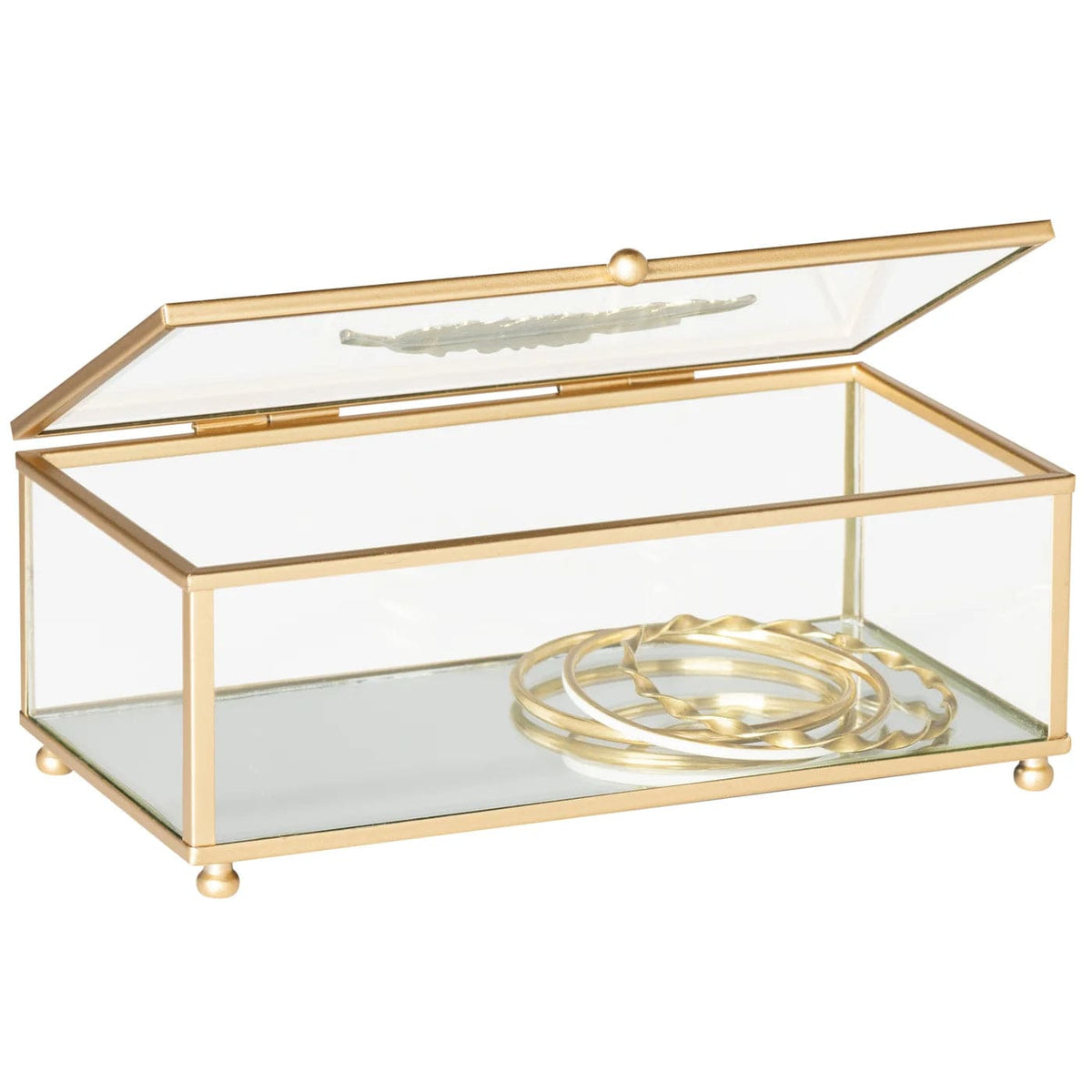 Golden Feather Trim Rectangle Bevel Glass Jewelry Storage Box