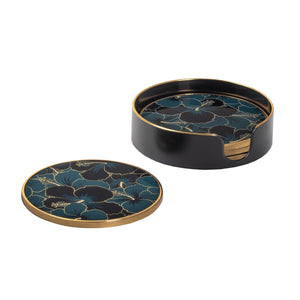 Savoy Gold Trim 4 Piece Round Coaster Set - Blue Hibiscus