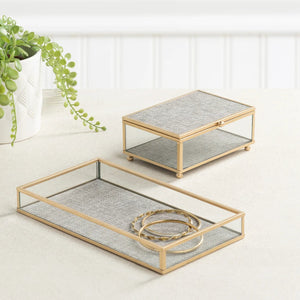 Linen Lined Gold Trim Glass Jewelry Storage Box 6x4&quot;