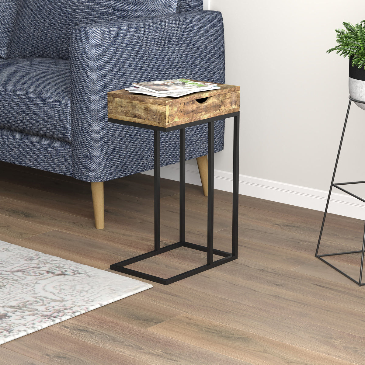 C-Shaped Dark Taupe and Black Metal Accent Table with 1 Drawer