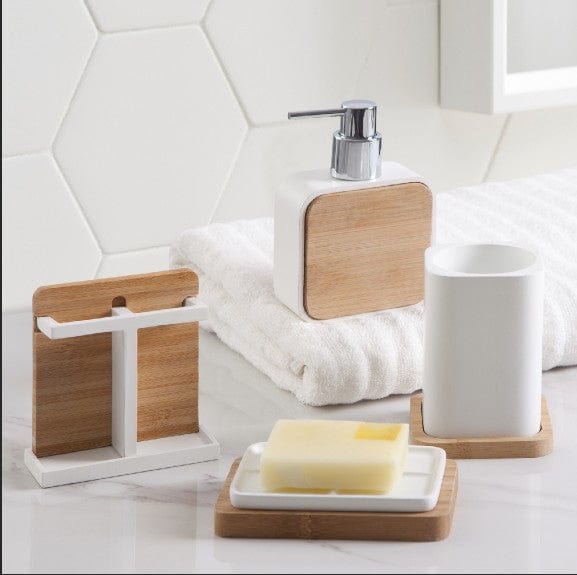 Alpha Modern Bamboo Resin Style Ensemble Including Liquid Soap Pump Lotion Dispenser, bath accessory
