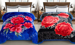 Reversible 8 LB Oversized Heavy Woven Fluffy Warm Korean Style Mink 2 Ply Floral Flannel Fleece Throw Raschel Blanket, Red Fuchsia Peony Floral Pattern