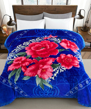 Reversible 8 LB Oversized Heavy Woven Fluffy Warm Korean Style Mink 2 Ply Floral Flannel Fleece Throw Raschel Blanket, Red Fuchsia Peony Floral Pattern