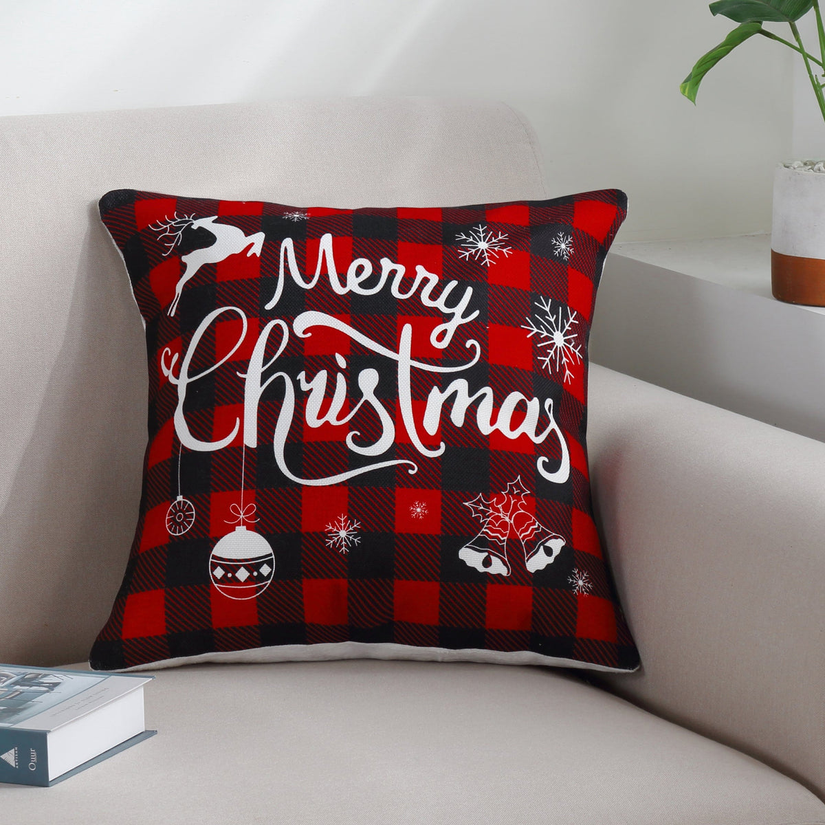 Marina Decoration Christmas Rich Printed Cushion Cover Set Throw Square Xmas Pillow Covers with Hidden Zipper Pack of 4, Rustic Red Black Plaid Pattern