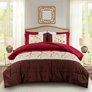 5 Piece Comforter Set Burgundy Cosmos Floral Pattern Fluffy Goose Down Alternative Bed in a Bag Rich Printed Includes 3 Piece Sheet Set