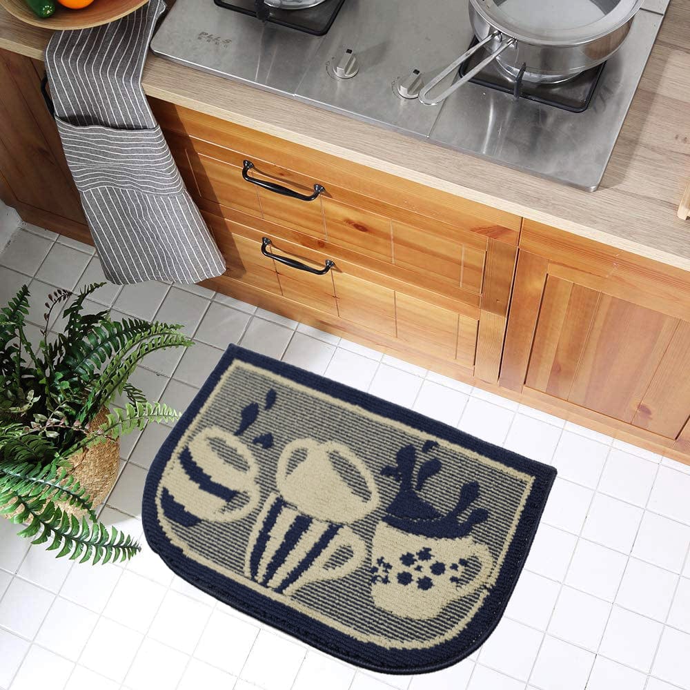 Navy Blue Coffee Cup Design Ultra Water Absorbent Soft Durable Woven Fluffy Runner Floor Mat Indoor Kitchen Rug, Non-Slip Rubber Backing Safety
