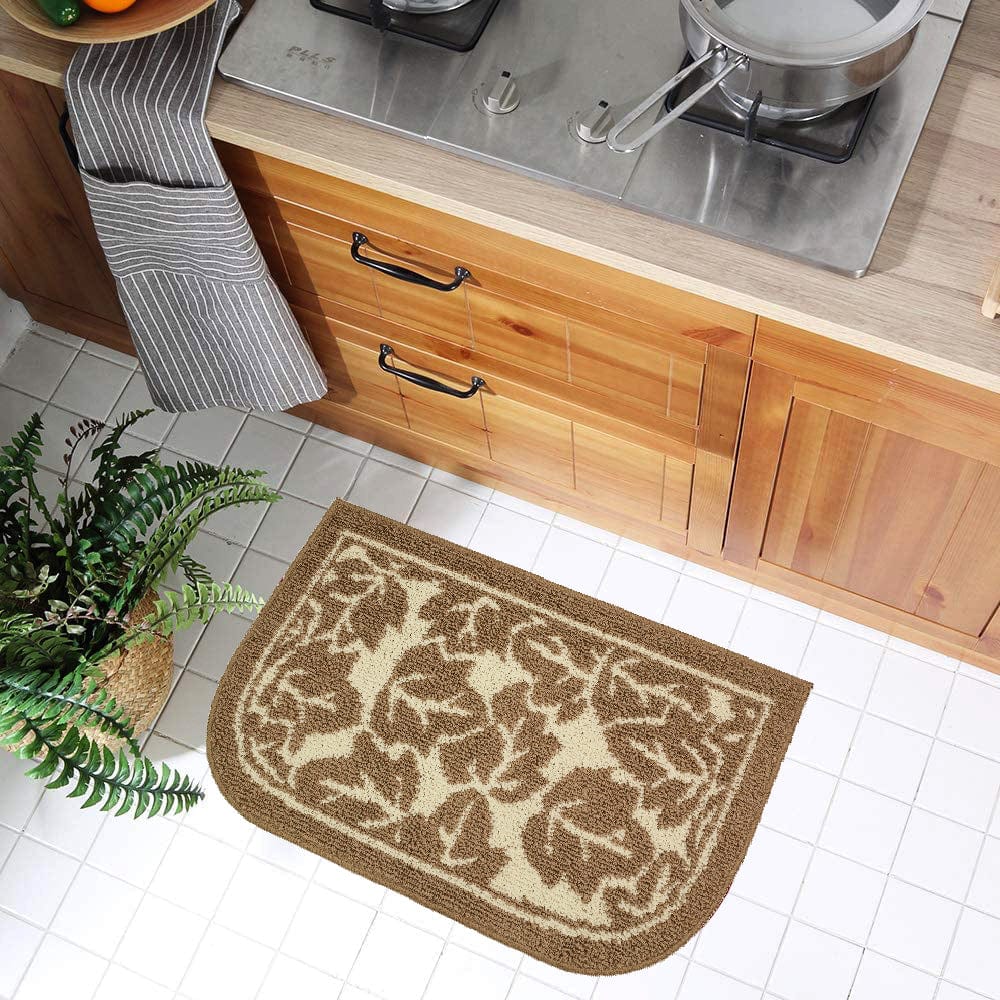 Taupe Maple Leaves Design Ultra Water Absorbent Soft Durable Woven Fluffy Runner Floor Mat Indoor Kitchen Rug, Non-Slip Rubber Backing Safety
