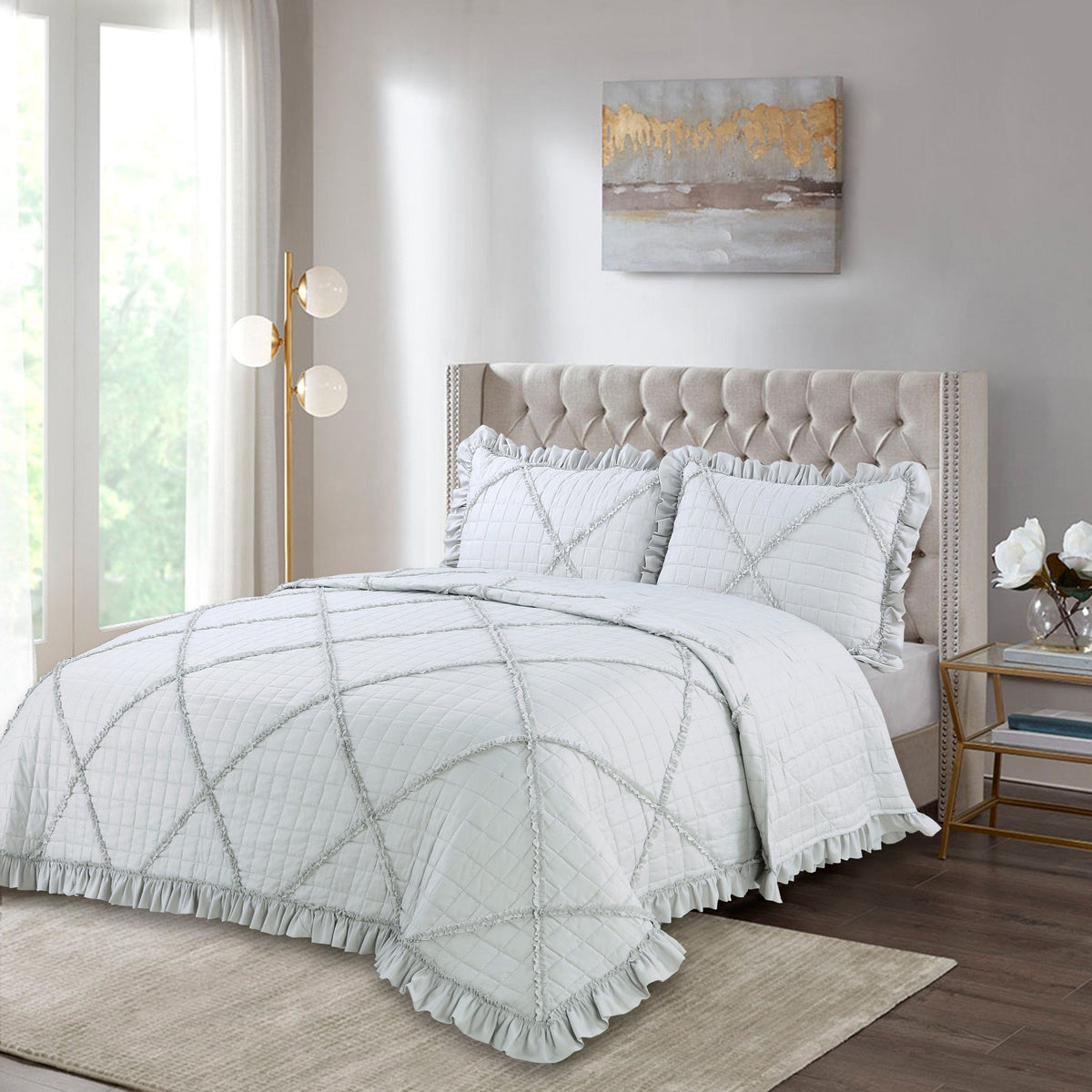 Lush Ruffled Textured Shabby Chic Embroidered Stitching Coverlet Bedspread Ultra Soft Solid 3 Piece Summer Quilt Set, Light Grey
